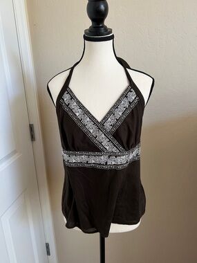 LOFT Chocolate Brown Halter Camisole with White Embroidery